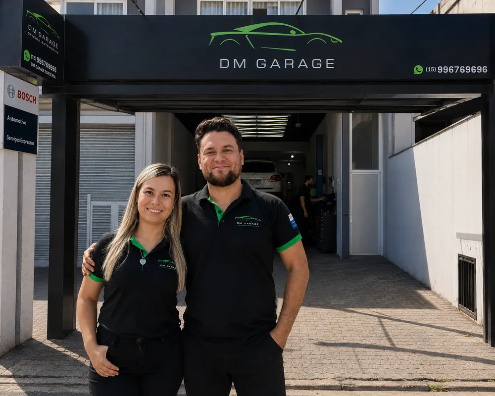 Raiana e Rodrigo, fundadores da DM Garage, na entrada da oficina em Sorocaba/SP